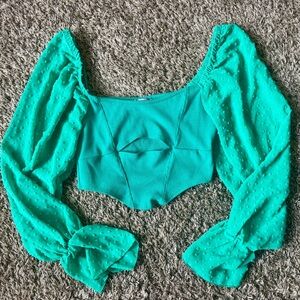 Urban Outfitters Green Long Sleeve Cut-Out Crop Blouse